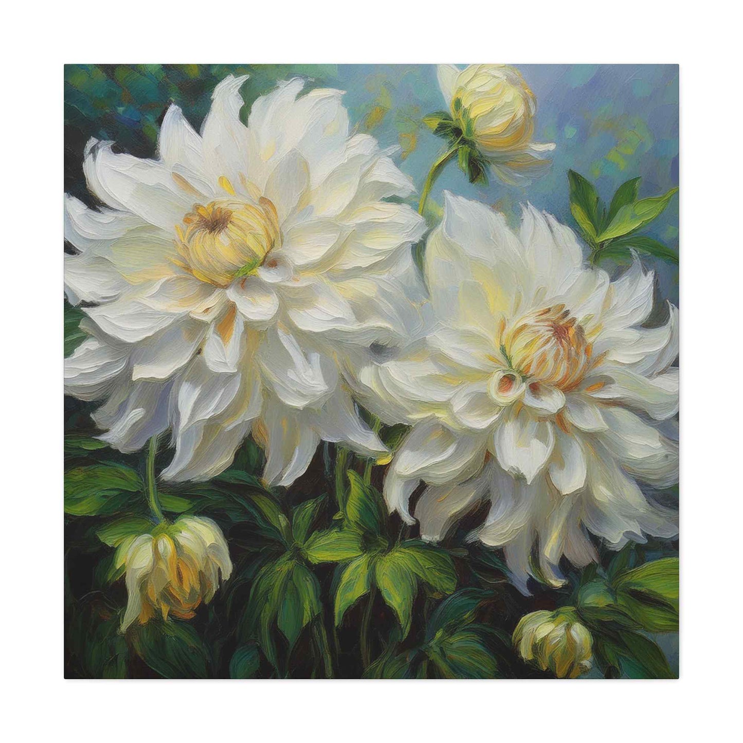 White Dahlias Print Canvas, Floral Oil Paint Print 20x20, 24x24, 30x30, 32x32, 36x36 Art Design Pine-Wood Inner Frame MC-170