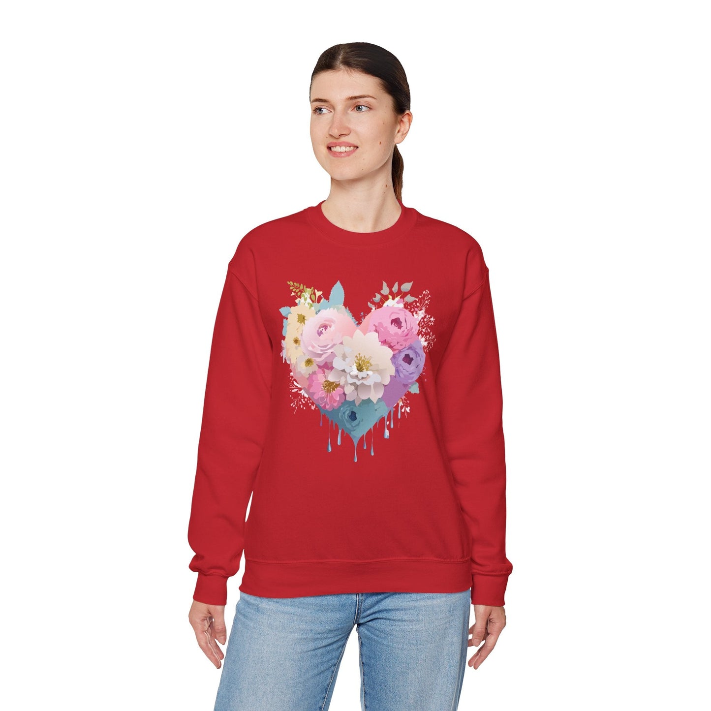 Floral Heart Unisex Crewneck Sweatshirt With Floral Love Valentines Day Design Premium Heavy Blend