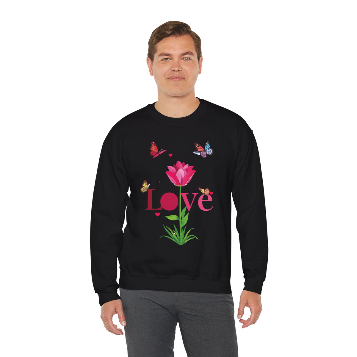 Unisex Floral Love Sweatshirt, Love Floral Sweatshirt, Floral Butterfly Sweatshirt, 50/50 Cotton-Poly Valentine's Day Sweatshirt 02