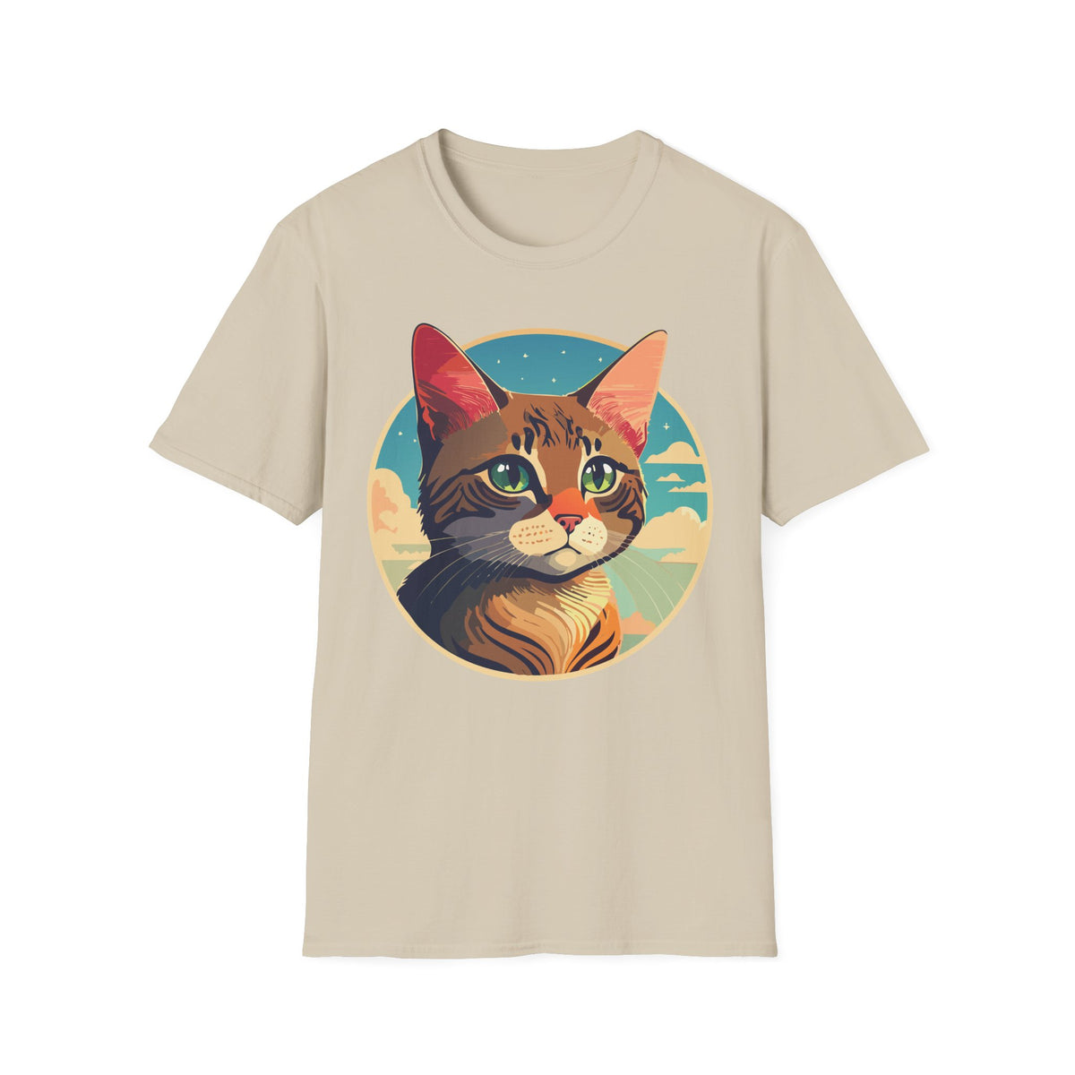 Retro Sunset Tabby Cat T-Shirt | Vintage Cat Portrait, Nautical Sky