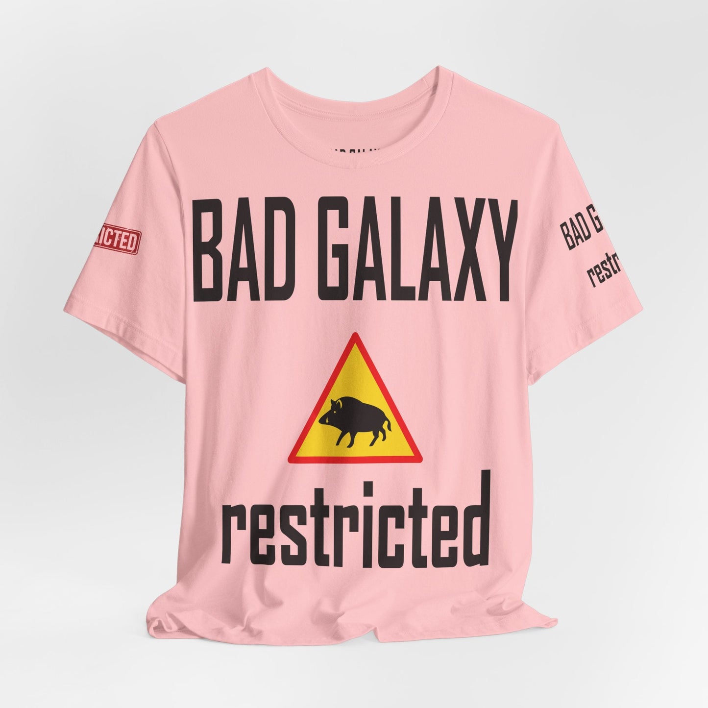 Tee Shirt With Red Stamp Designed And Printed In The USA By Bad Galaxy 100 Percent Cotton