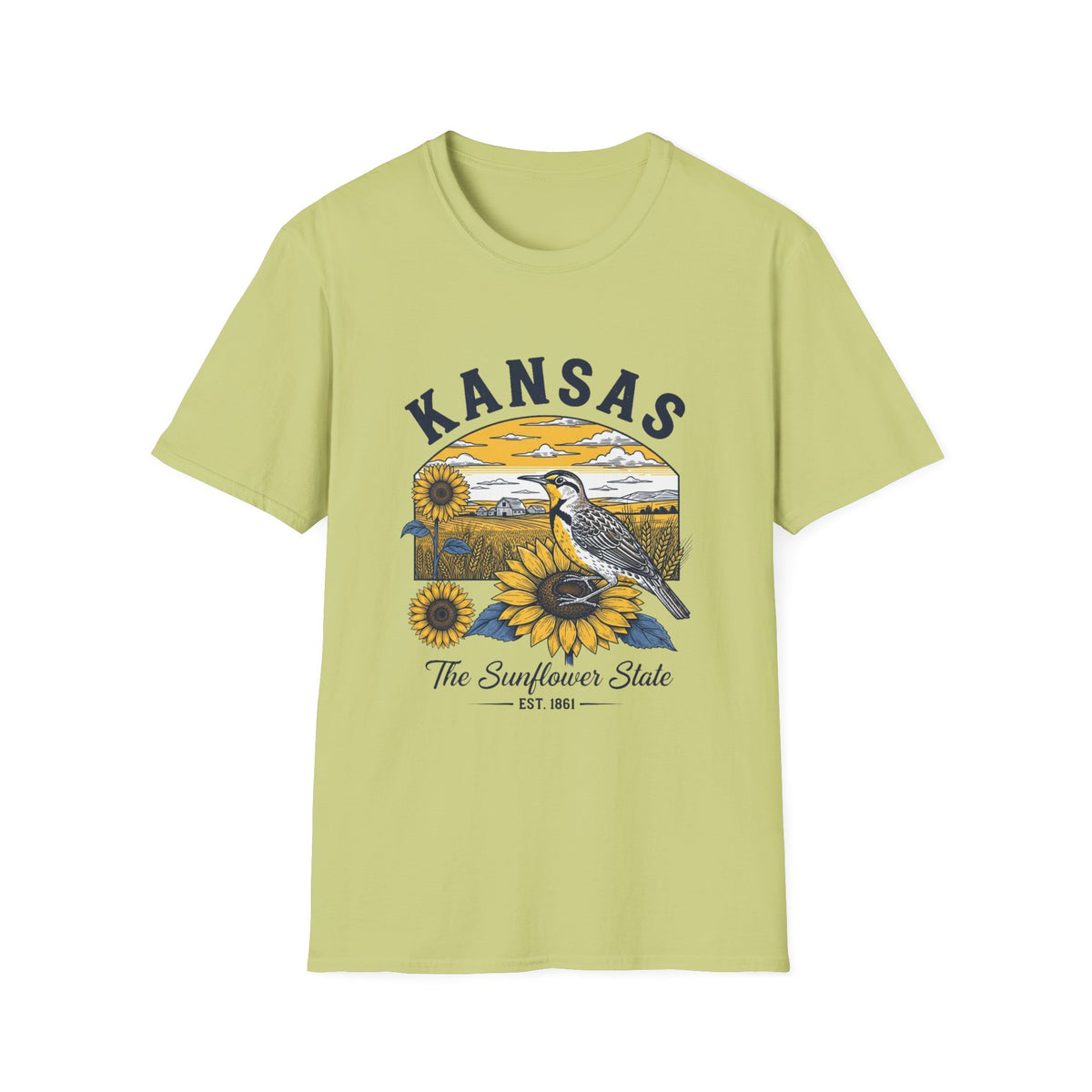 Kansas Sunflower State T-Shirt — Meadowlark Sunflowers Travel Tourist Graphic Design Unisex 100 Cotton Gildan T-Shirt
