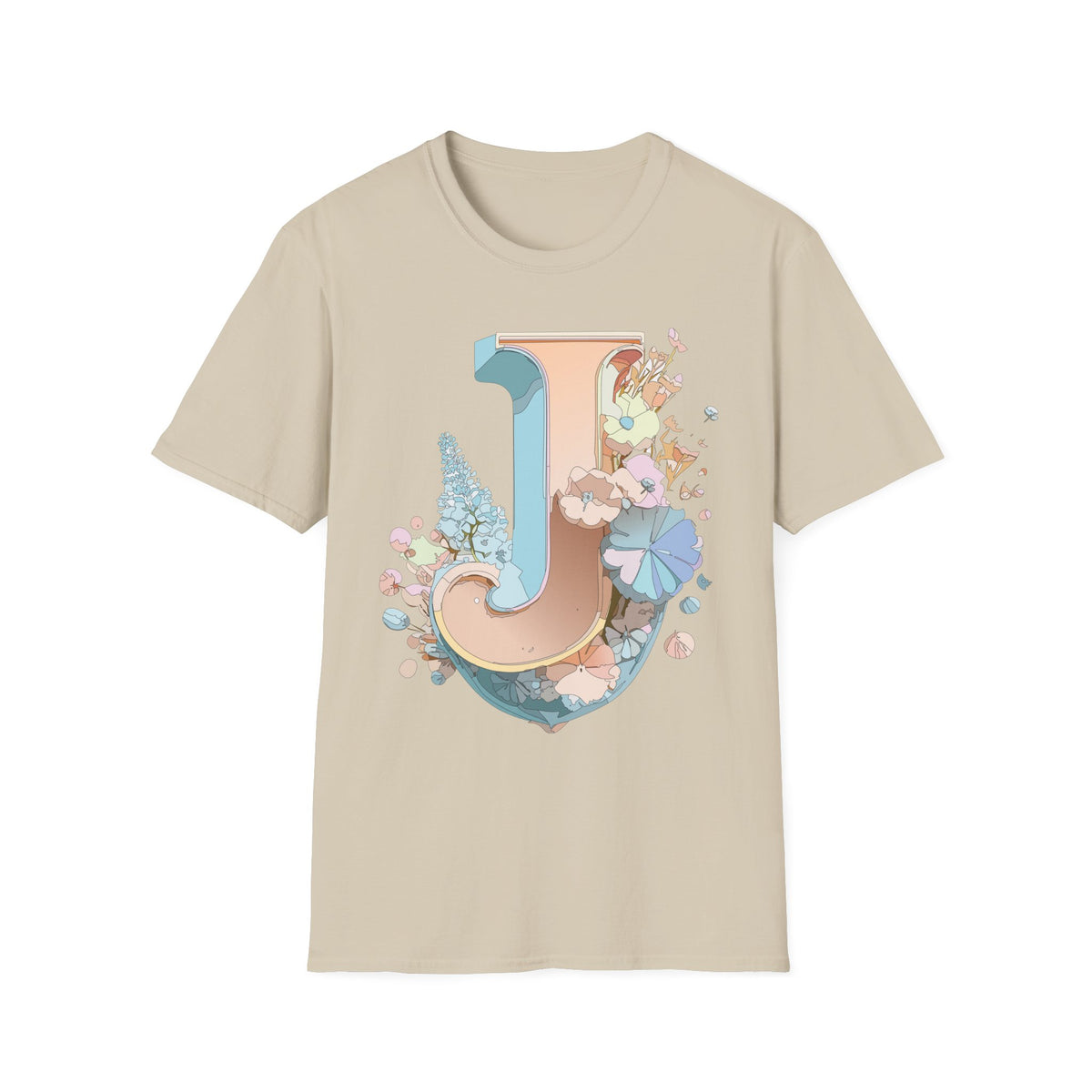 Floral Letter J T-Shirt | Monogram Initial Tee, Pastel Botanical Typography