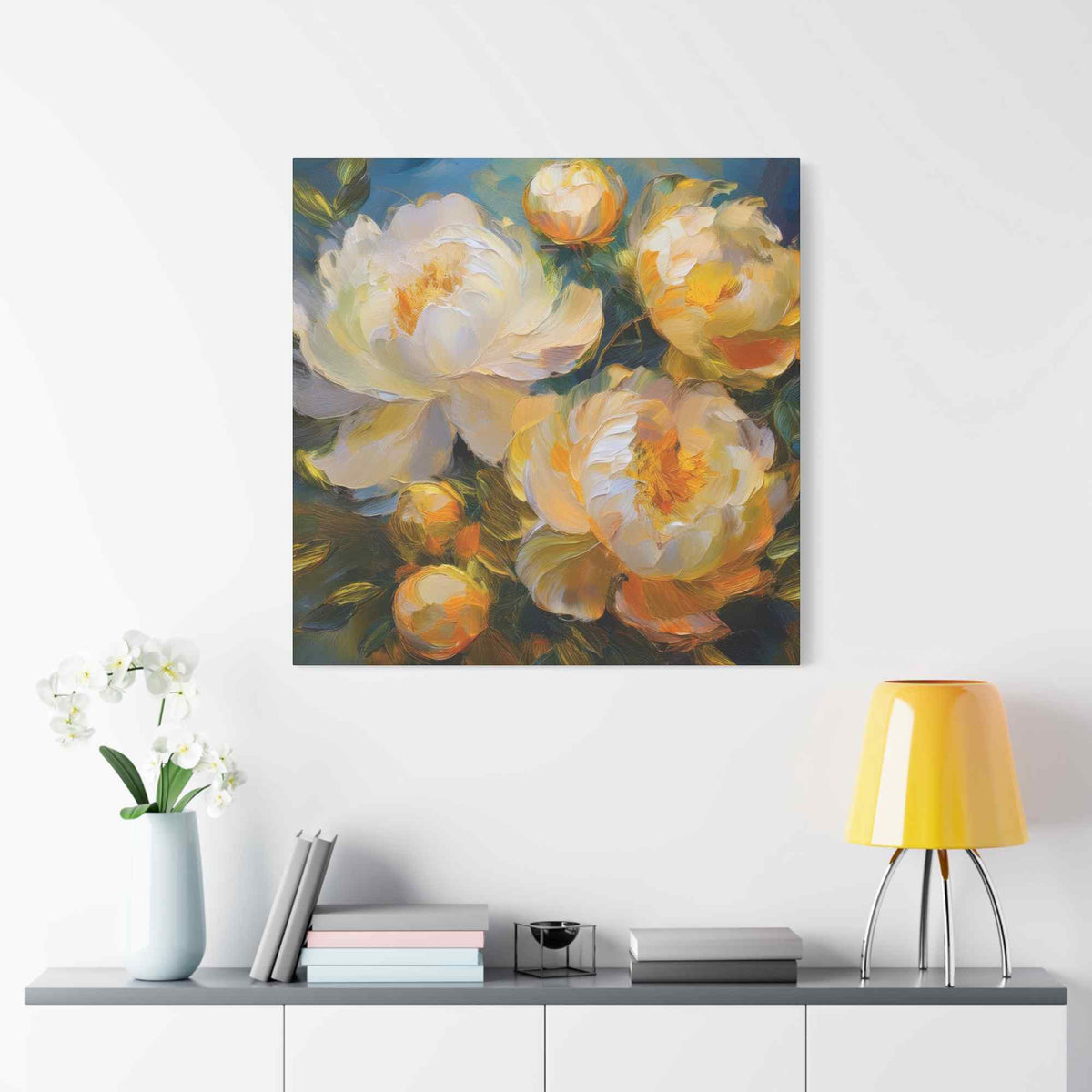 Cream Peonies Print Canvas, Floral Oil Paint Print 20x20, 24x24, 30x30, 32x32, 36x36 Art Design Pine-Wood Inner Frame MC-125