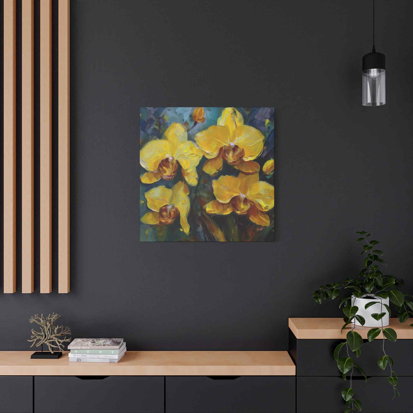 Yellow Orchids Print Canvas, Floral Oil Paint Print 20x20, 24x24, 30x30, 32x32, 36x36 Art Design Pine-Wood Inner Frame MC-138