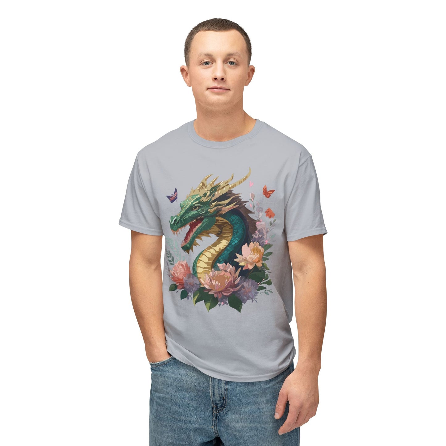 Dragon Art Design Unisex Cotton Tee With Floral Print Artwork And Dragon Graphic