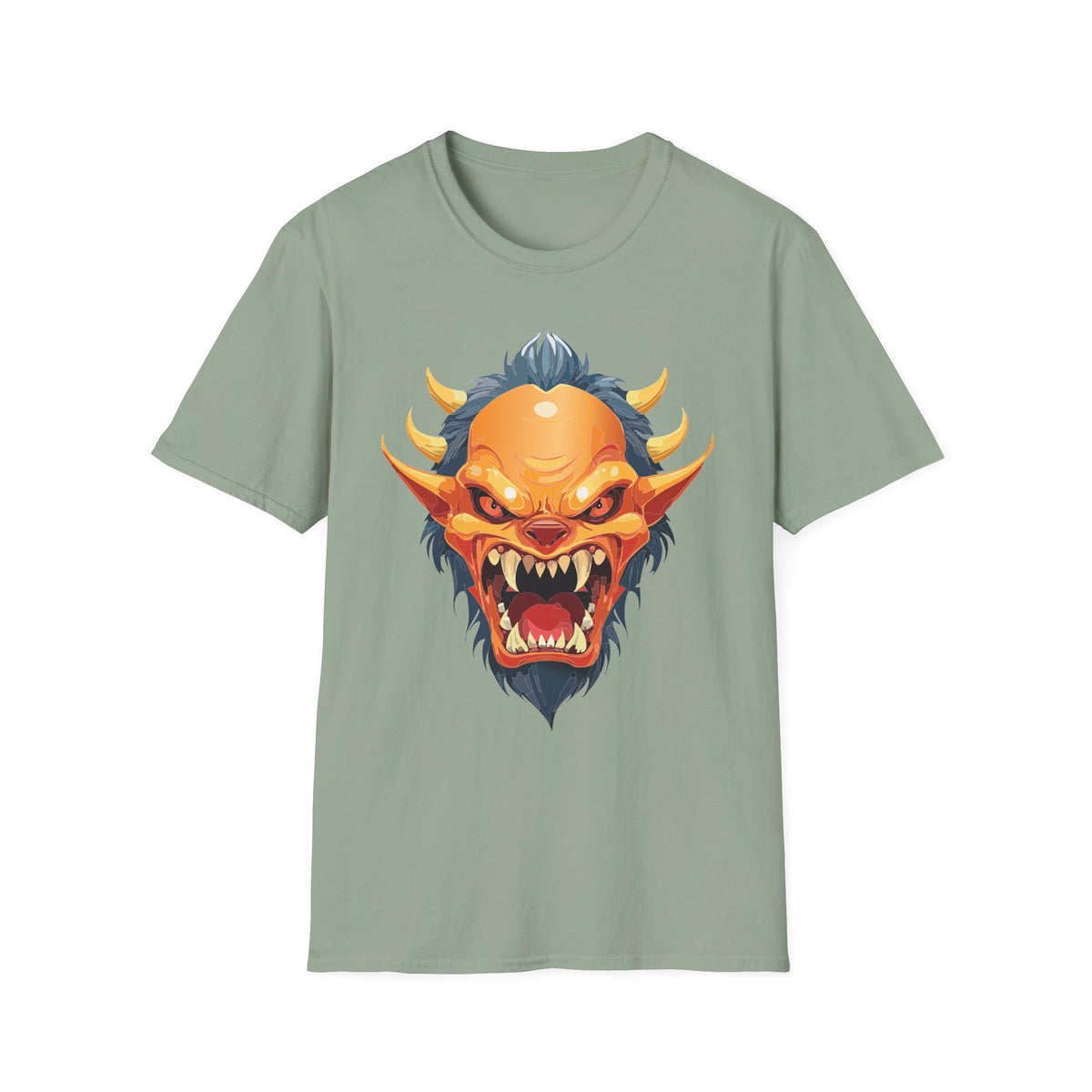 Demonic Oni Mask T-Shirt — Fierce Japanese Demon Face Cartoon Graphic Tee Unisex 100 Cotton Gildan T-Shirt