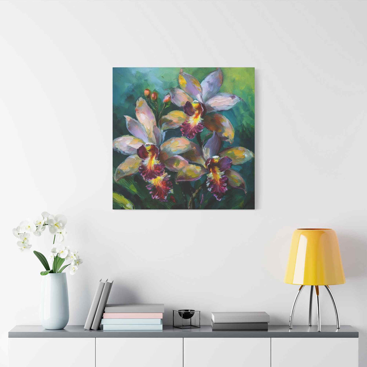 Blue Orchids Print Canvas, Floral Oil Paint Print 20x20, 24x24, 30x30, 32x32, 36x36 Art Design Pine-Wood Inner Frame MC-134