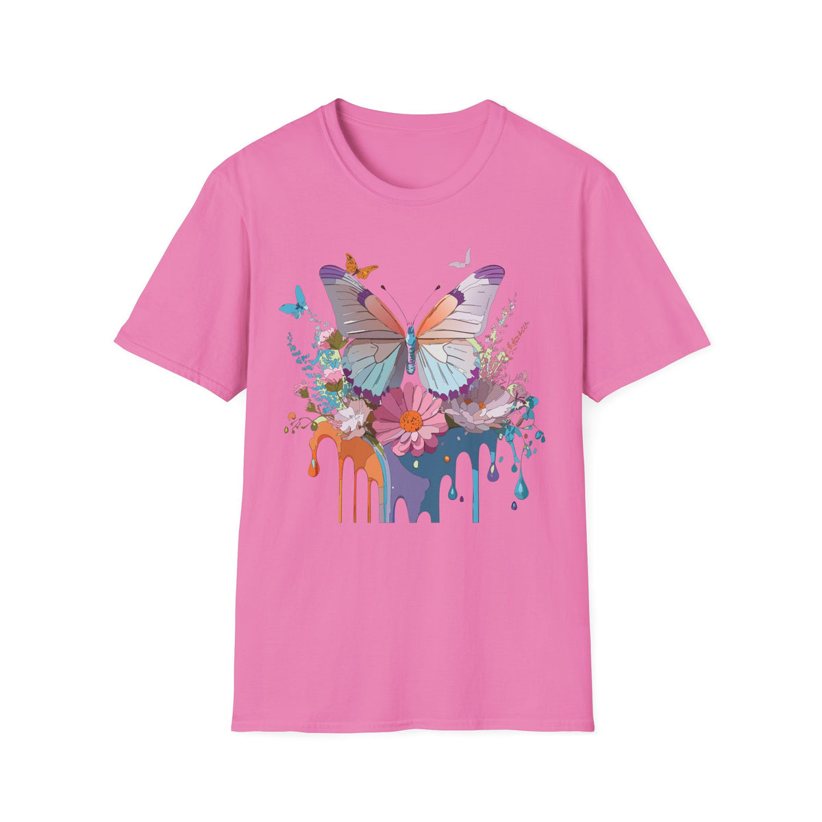 Butterfly Floral T-Shirt — Colorful Drip Art Garden Graphic Design Unisex 100 Cotton Gildan T-Shirt
