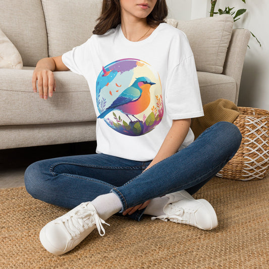 Colorful Bird Illustration T-Shirt | Rainbow Songbird Circle Art