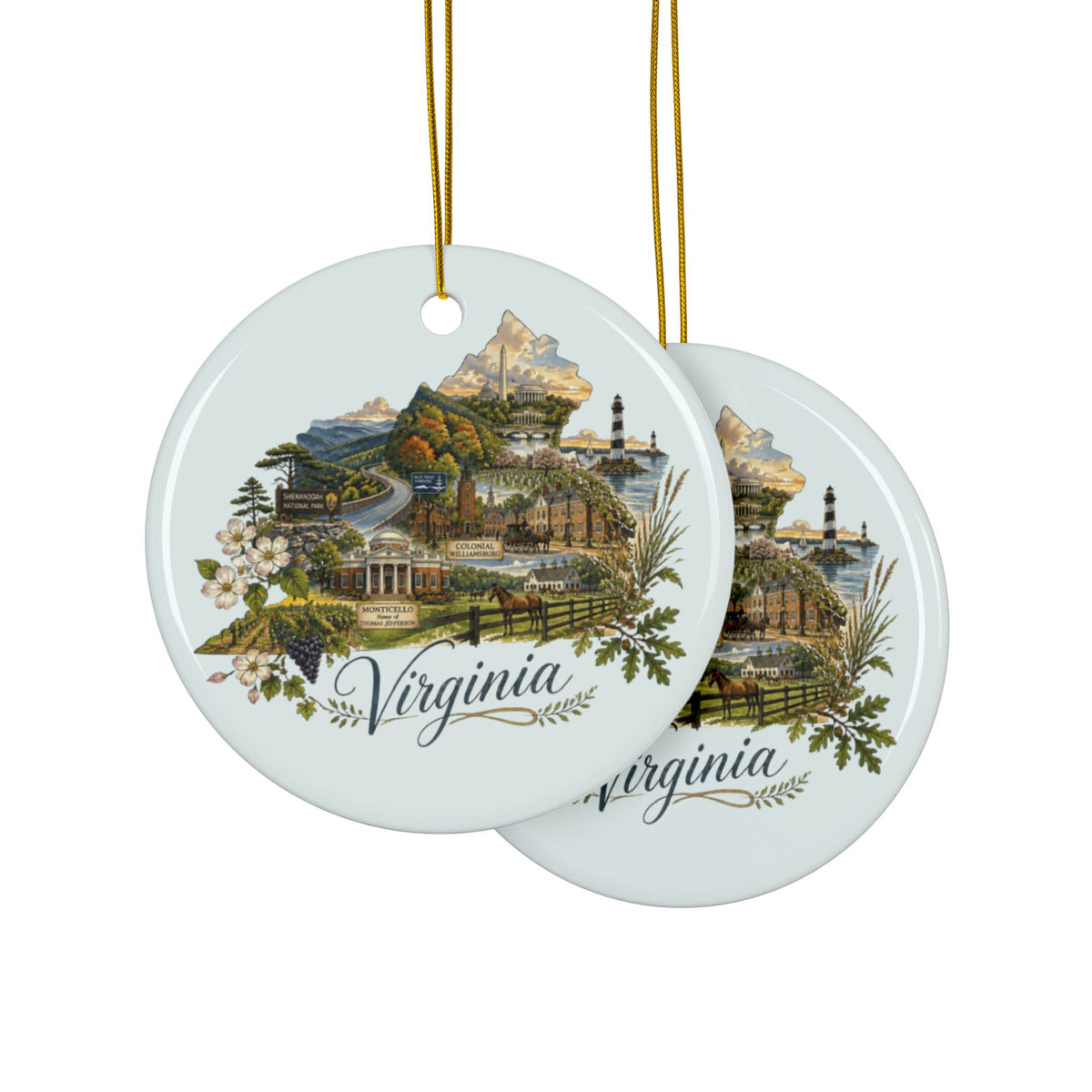 Virginia State Map Collage Ornament ceramic round ornament | Virginia landmarks - 2.99" Includes Gold String