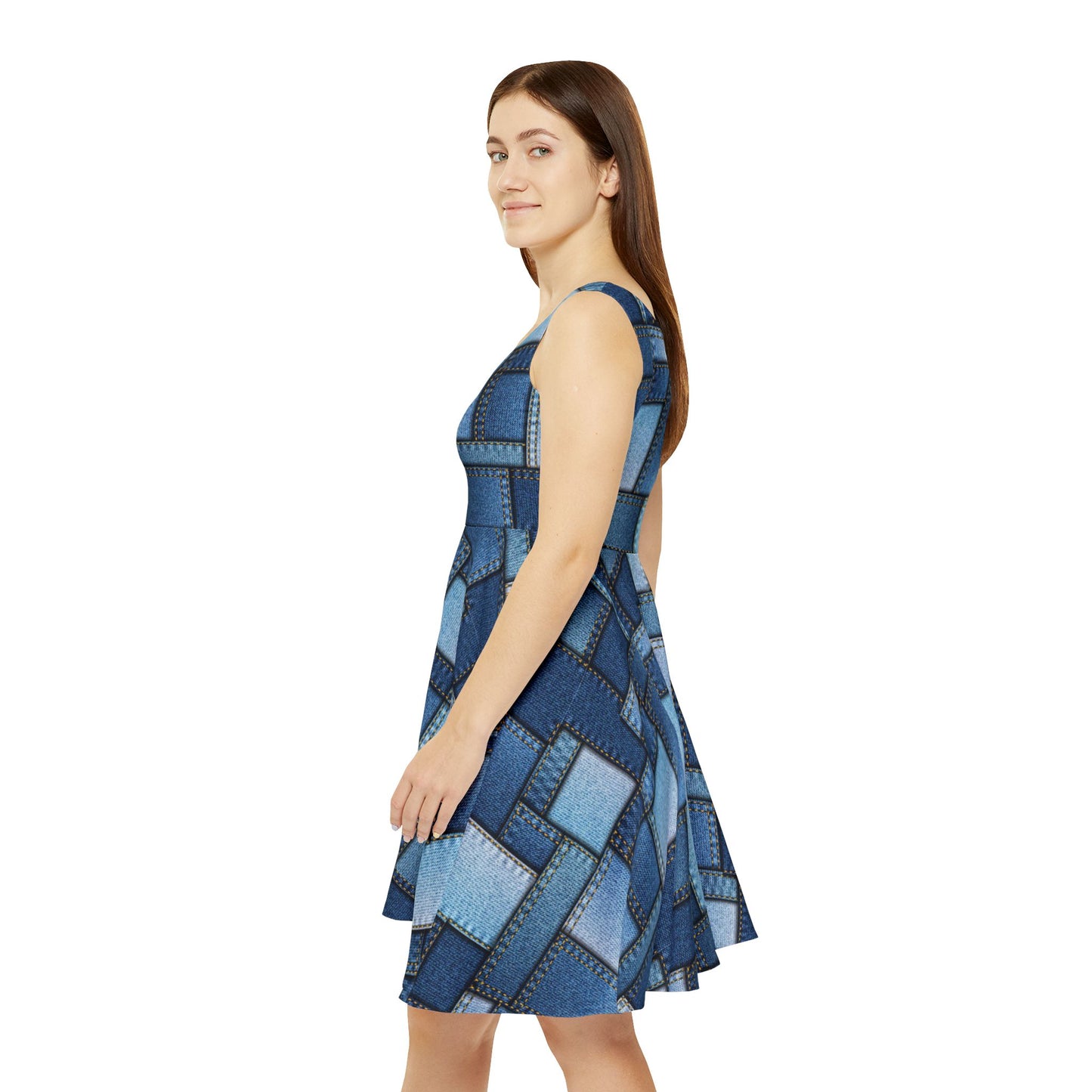 Women Denim Print Skater Dress, Denim Print Poly-Span Dress -1