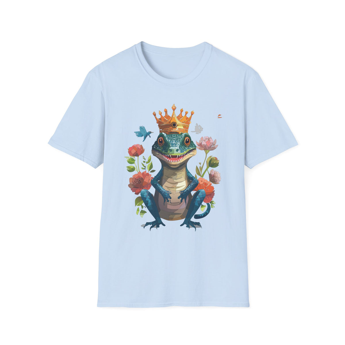Crowned Lizard Illustration T-Shirt | Regal Gecko with Flowers