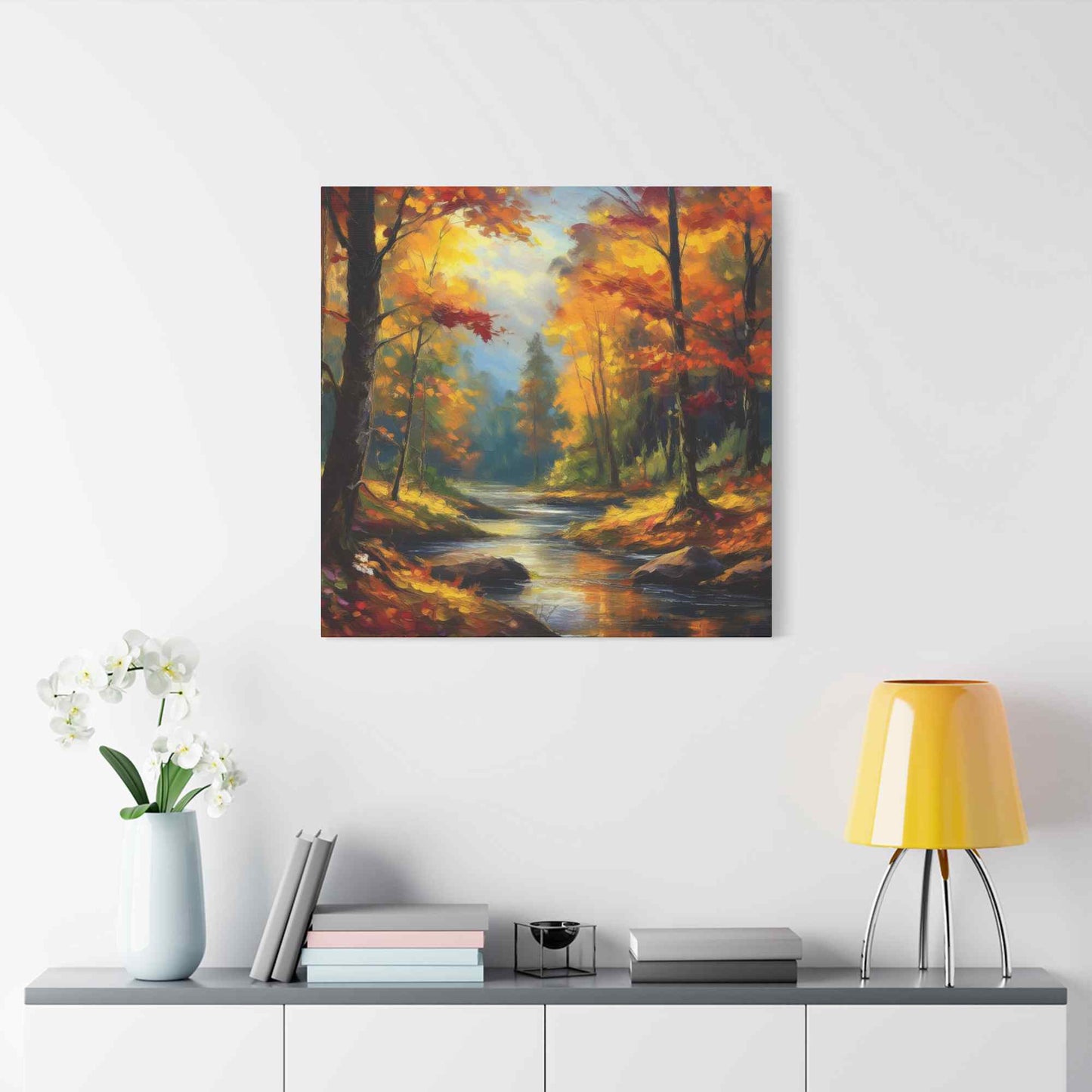 Fall Forest Print Canvas, Oil Paint Print 20x20, 24x24, 30x30, 32x32, 36x36 Art Design Print Pine-Wood Inner Frame MC-104