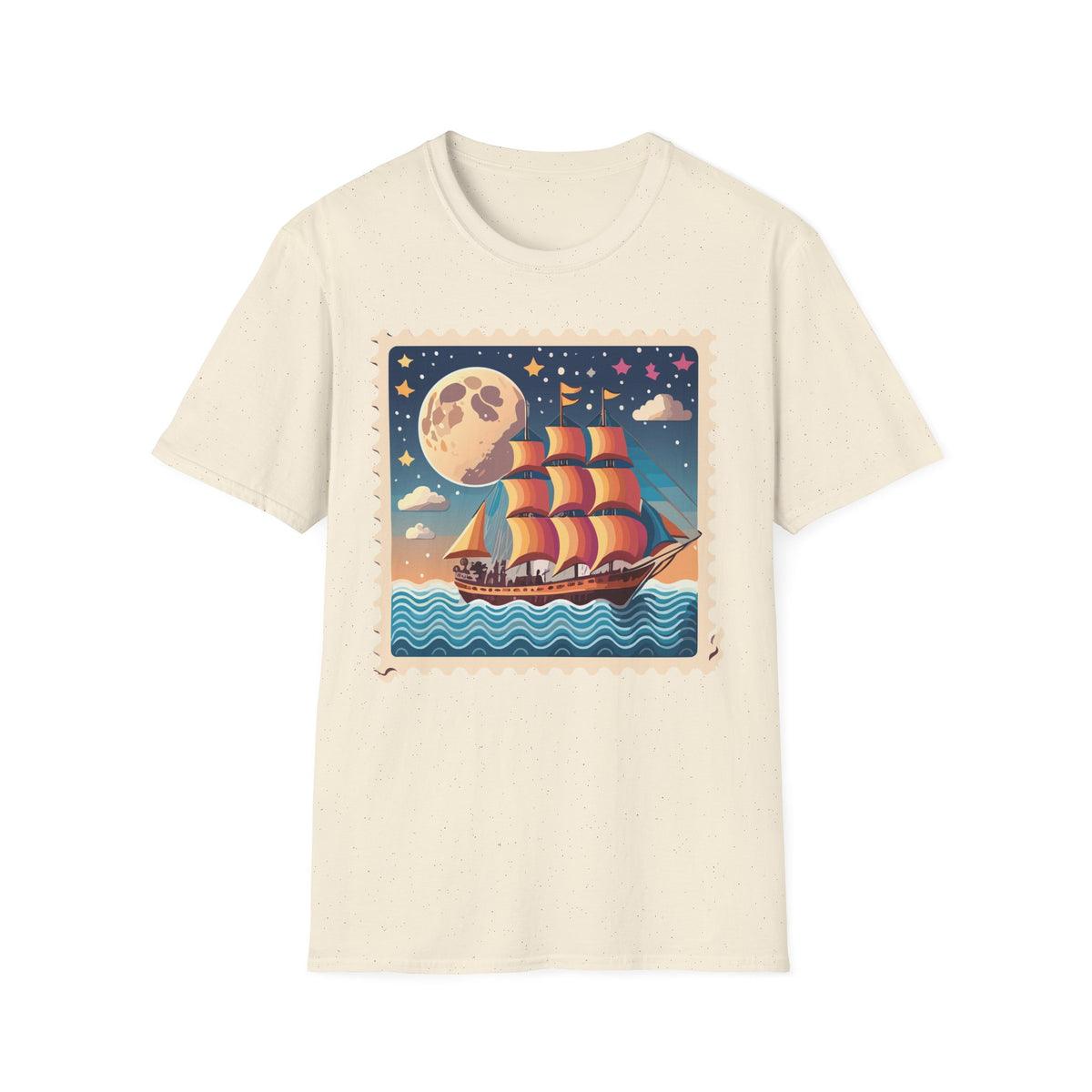 Vintage Sailboat Moon Illustration T-Shirt | Nautical Night Sky