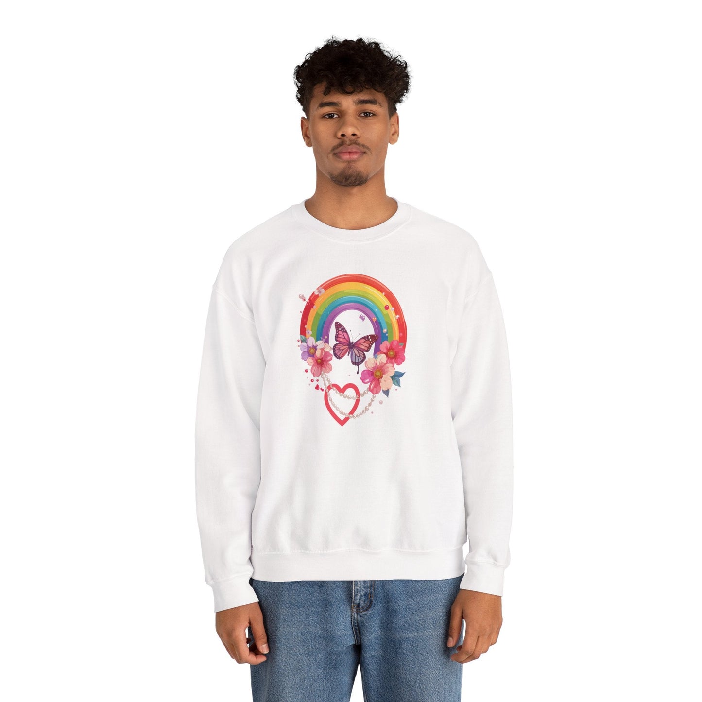 Rainbow Heart Floral Sweatshirt Unisex Valentines Day Love Gift Gildan 18000 Sweatshirt