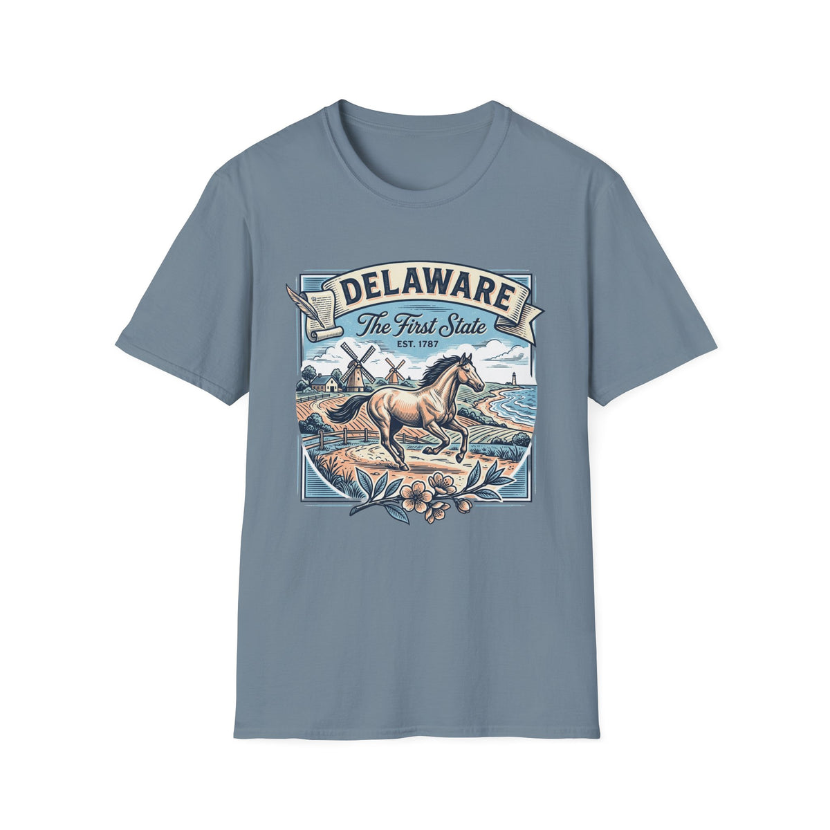 Delaware 'The First State' Scenic Travel Tourist Graphic Tee Unisex 100 Cotton Gildan T-Shirt