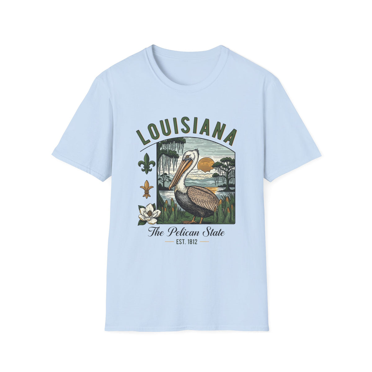 Louisiana Pelican State Graphic T-Shirt — Vintage Bayou Sunset Travel Tourist Graphic Design Unisex 100 Cotton Gildan T-Shirt