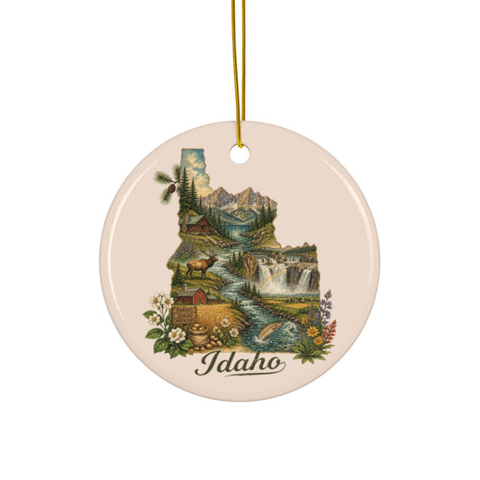 Idaho State Map Illustration Ceramic Ornament | Double-Sided Round Ornament - 2.99" Includes Gold String