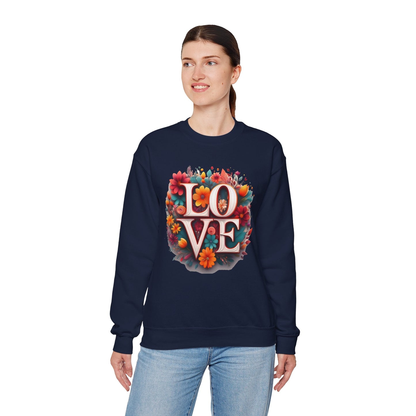Floral Love Valentines Day Sweatshirt Unisex Heavy Blend Crewneck 50/50 Cotton Polyester Gildan 18000