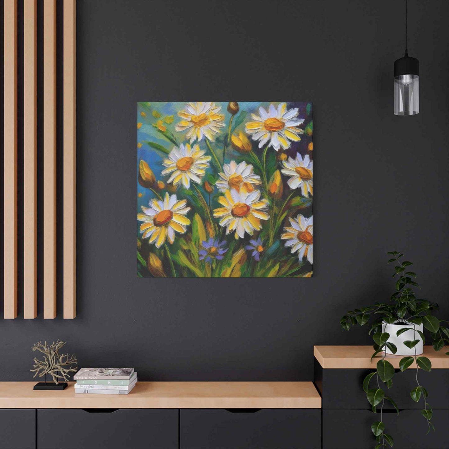 White Daisies Print Canvas, Floral Oil Paint Print 20x20, 24x24, 30x30, 32x32, 36x36 Art Design Pine-Wood Inner Frame MC-127