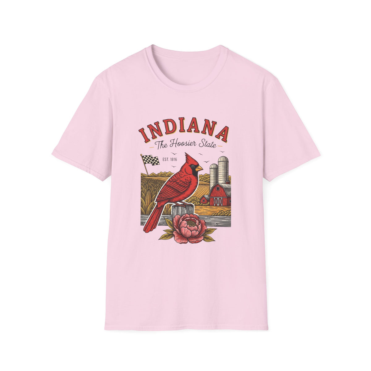 Indiana Cardinal Bird Farm Tee — Indiana The Hoosier State Graphic Travel Tourist Graphic Design Unisex 100 Cotton Gildan T-Shirt