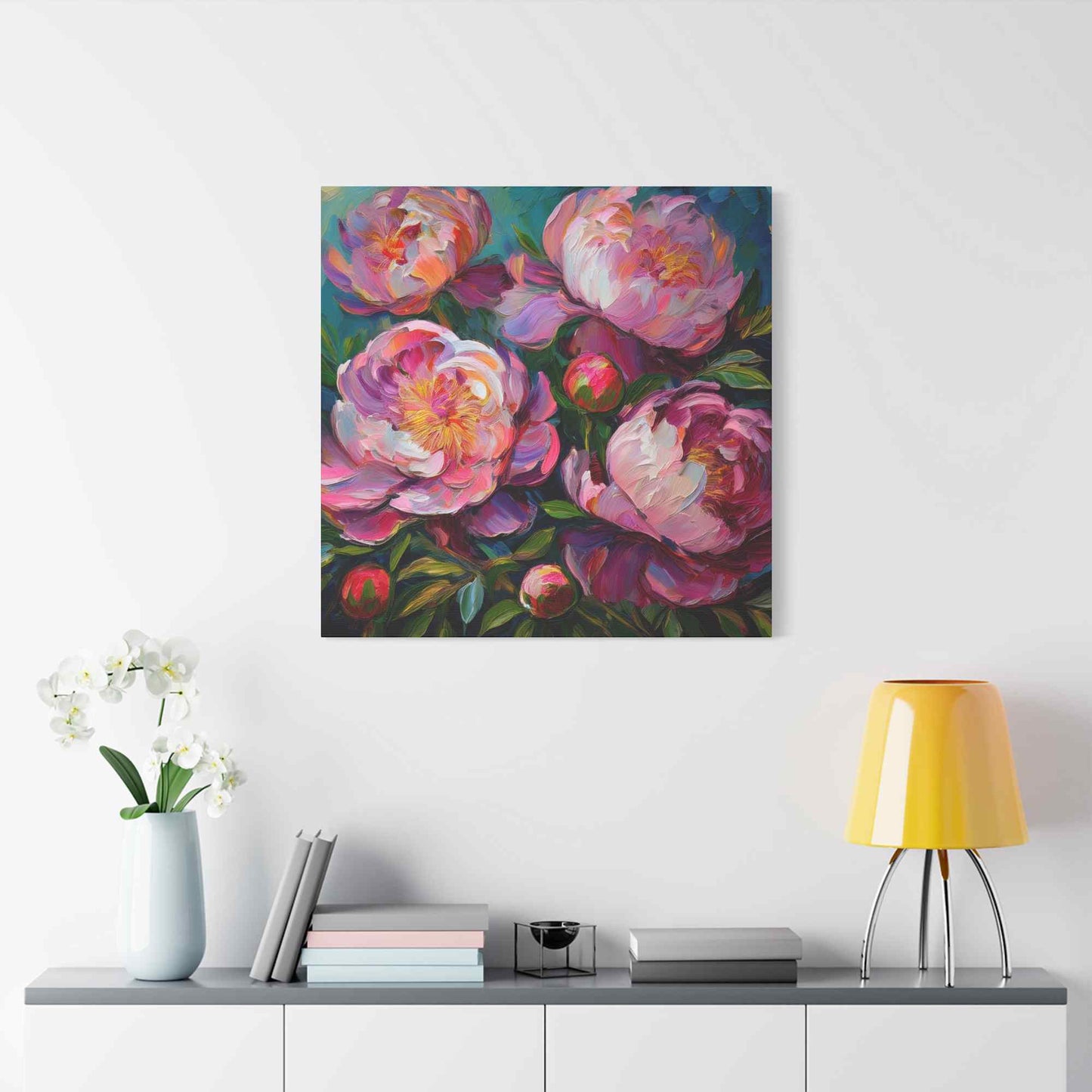 Pink Peonies Print Canvas, Floral Oil Paint Print 20x20, 24x24, 30x30, 32x32, 36x36 Art Design Pine-Wood Inner Frame MC-114