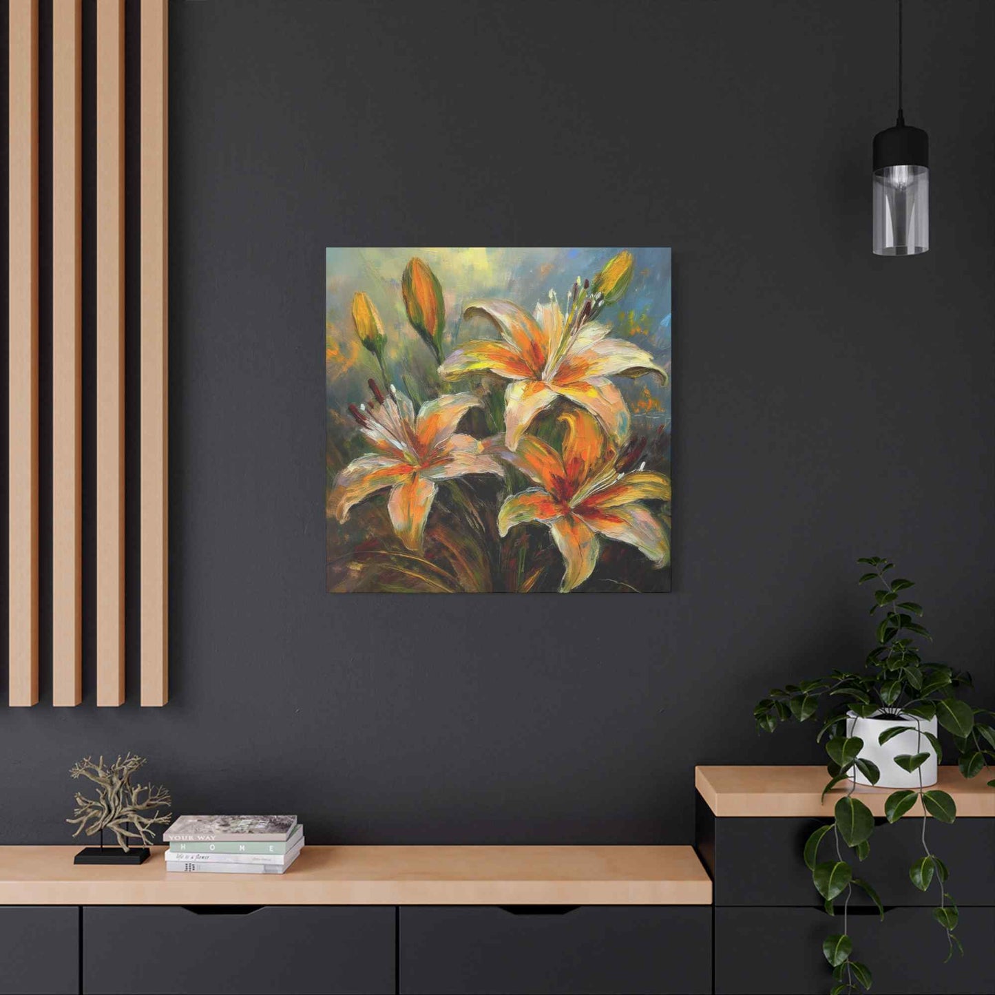 Gold Lilies Print Canvas, Floral Oil Paint Print 20x20, 24x24, 30x30, 32x32, 36x36 Art Design Pine-Wood Inner Frame MC-152