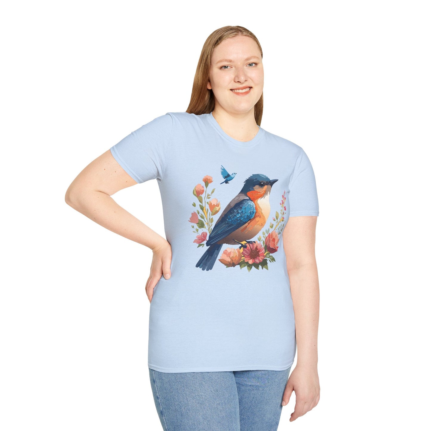Unisex Floral Bird T Shirt Softstyle 64000 Gildan Ring Spun Cotton Tee Relaxed Fit