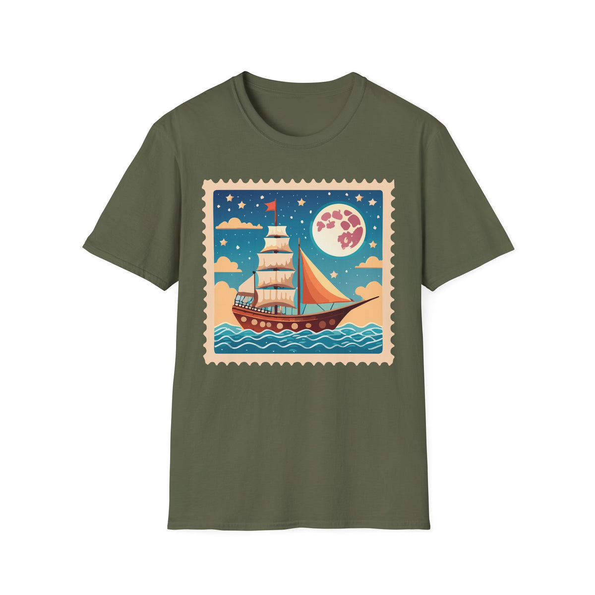 Sailboat Night Scene T-Shirt | Retro Nautical Moon Illustration