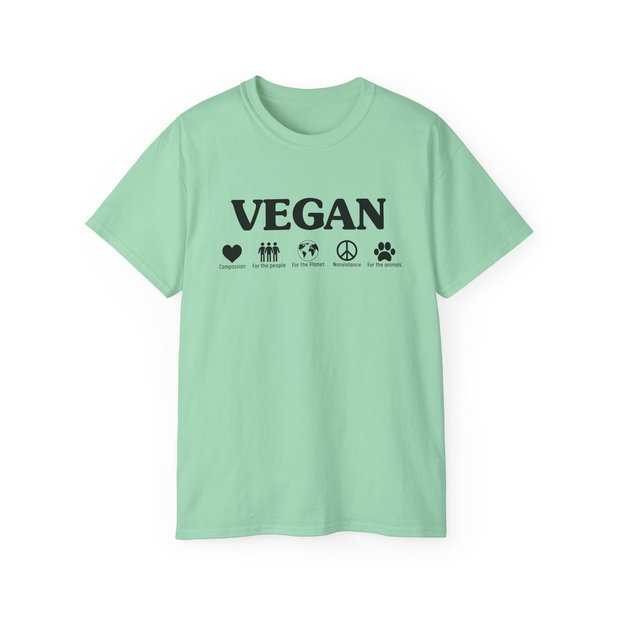 Vegan Icons Tee | Heart, People, Earth, Peace, Paw Symbols