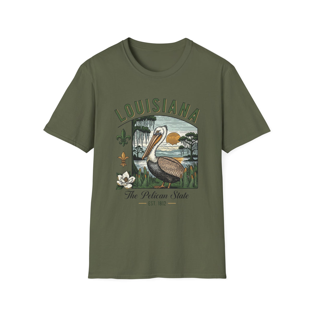 Louisiana Pelican State Graphic T-Shirt — Vintage Bayou Sunset Travel Tourist Graphic Design Unisex 100 Cotton Gildan T-Shirt
