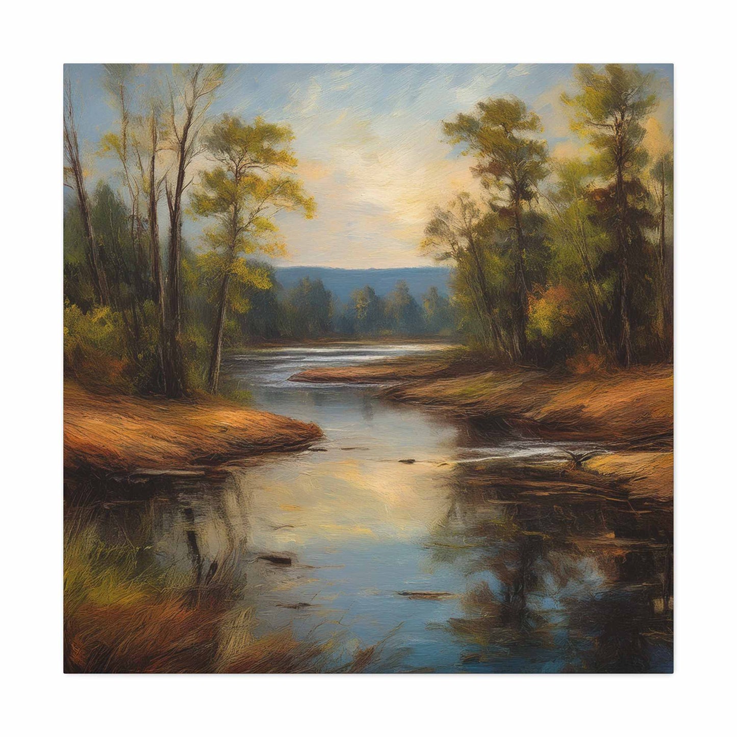 River Print Canvas, Landscape Oil Paint Print 20x20, 24x24, 30x30, 32x32, 36x36 Art Design Print Pine-Wood Inner Frame MC-51