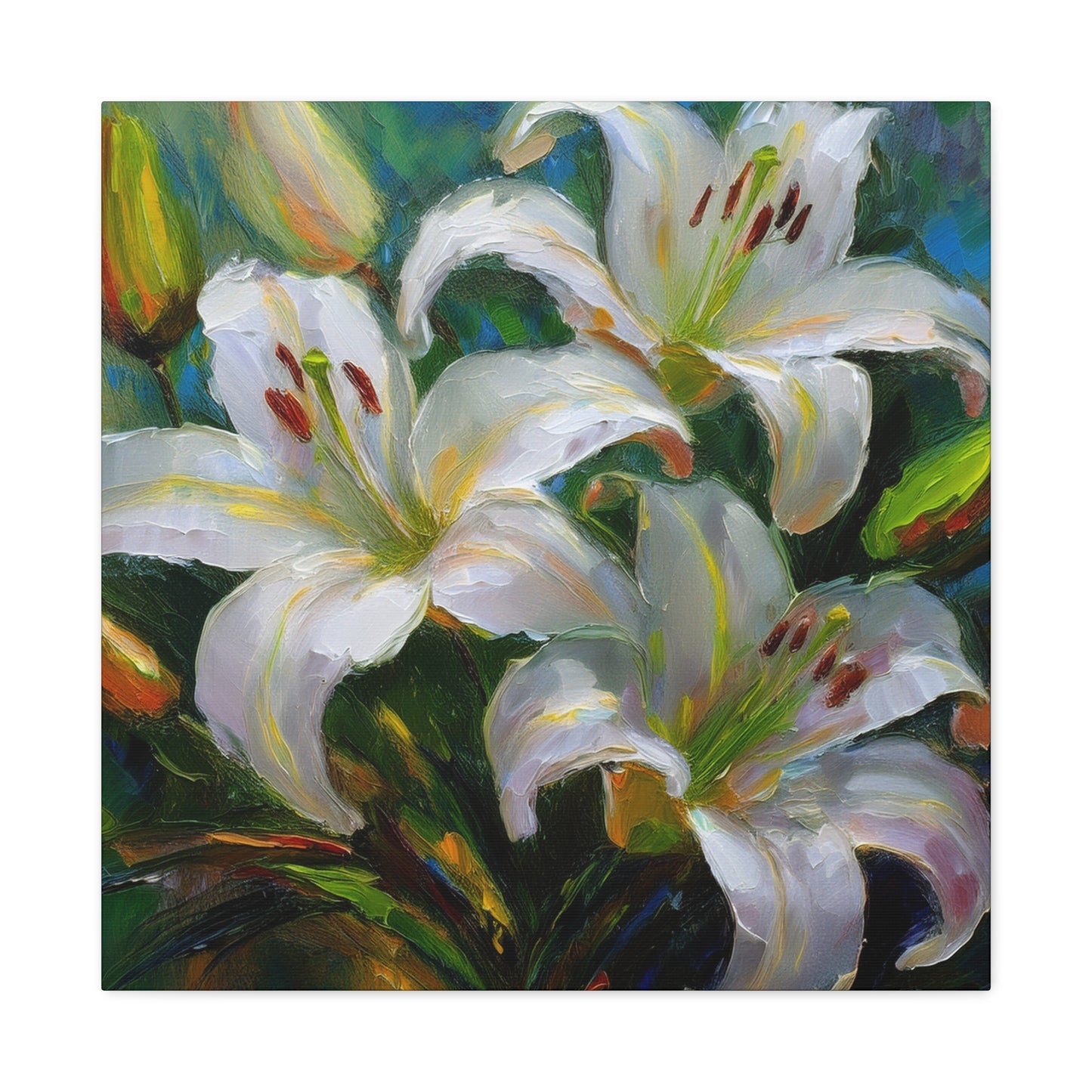 White Lilies Print Canvas, Floral Oil Paint Print 20x20, 24x24, 30x30, 32x32, 36x36 Art Design Pine-Wood Inner Frame MC-155
