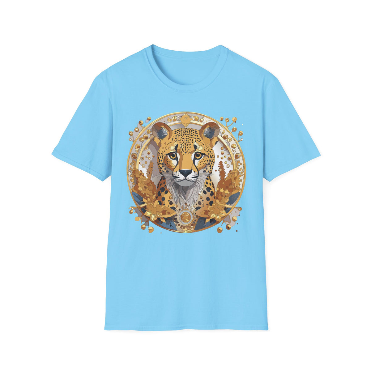 Golden Cheetah Face T-Shirt | Floral Accent, Boho Circle Design