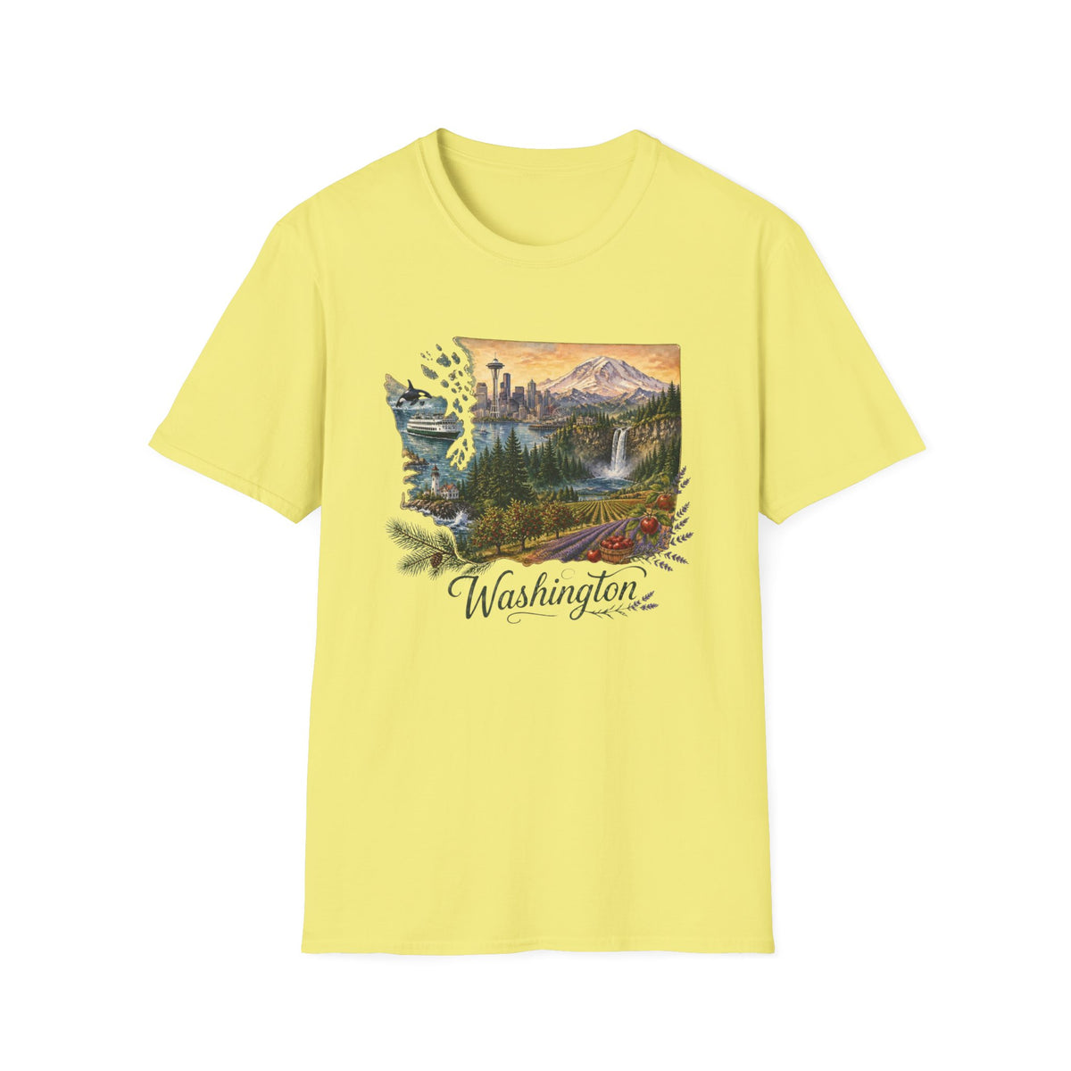 Washington Scenic T-Shirt — Vintage Mountain & Waterfall State Travel Tourist Graphic Design Unisex 100 Cotton Gildan T-Shirt