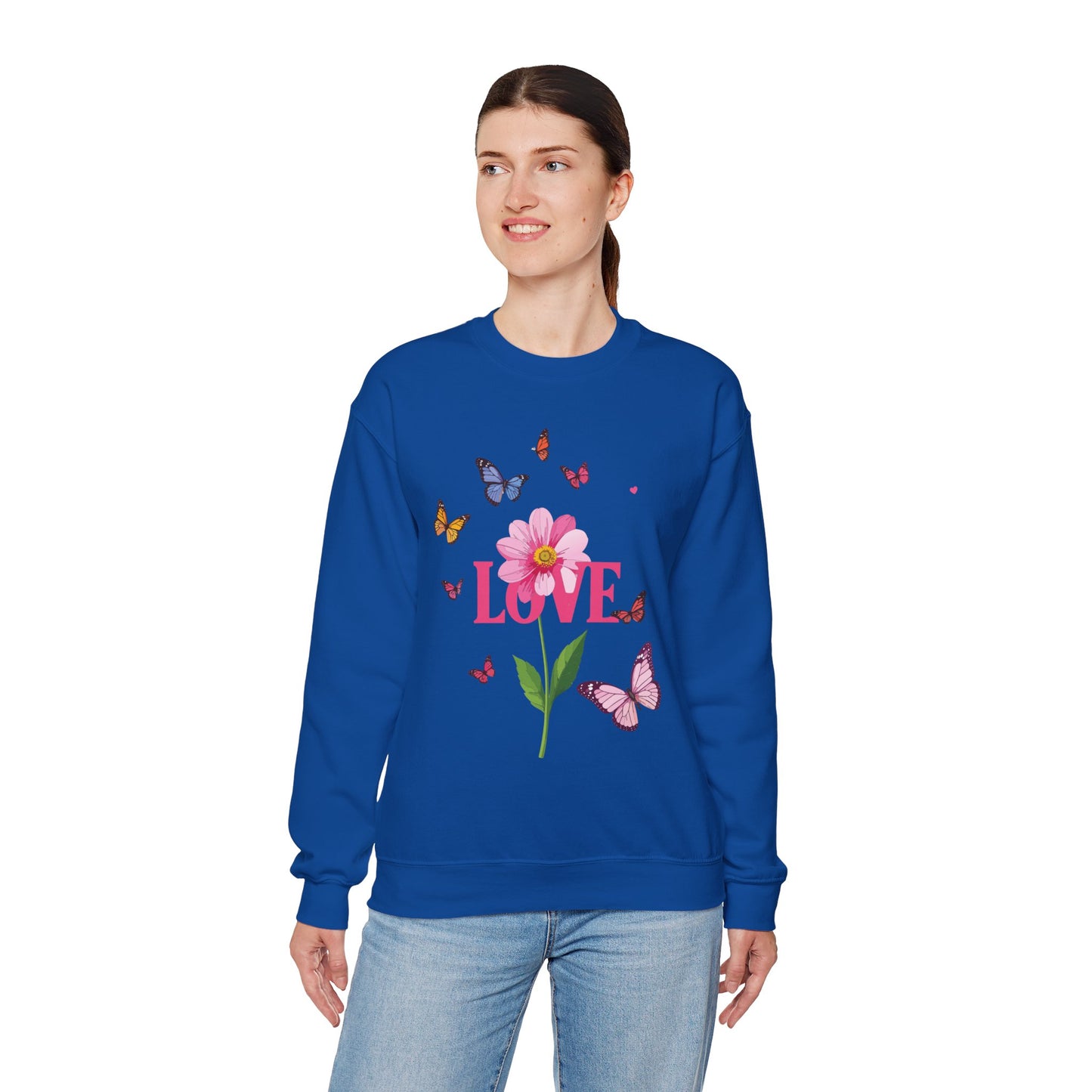 Unisex Floral Love Sweatshirt, Love Floral Sweatshirt, Floral Butterfly Sweatshirt, 50/50 Cotton-Poly Valentine's Day Sweatshirt 01