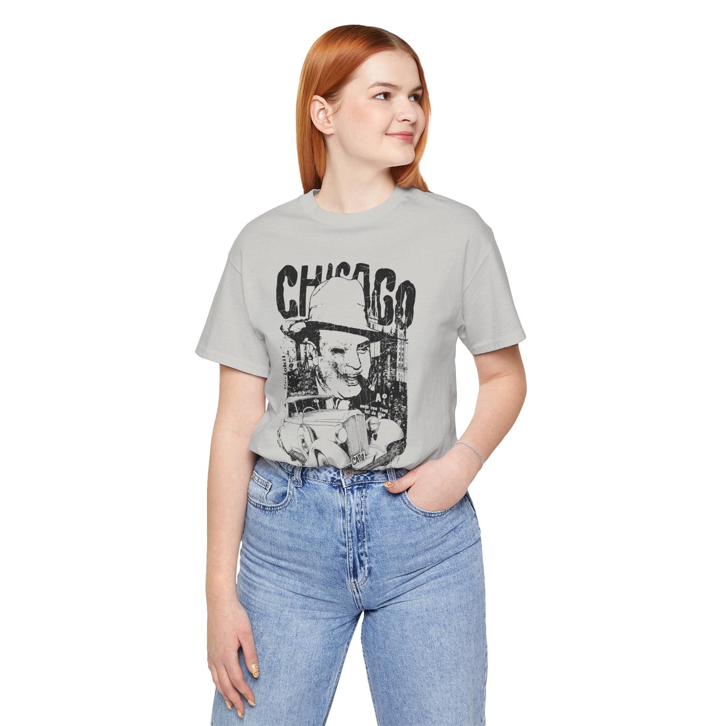 Chicago Retro Mobster Illustration Tee Vintage Car Cityscape Art Design T-Shirt A-8
