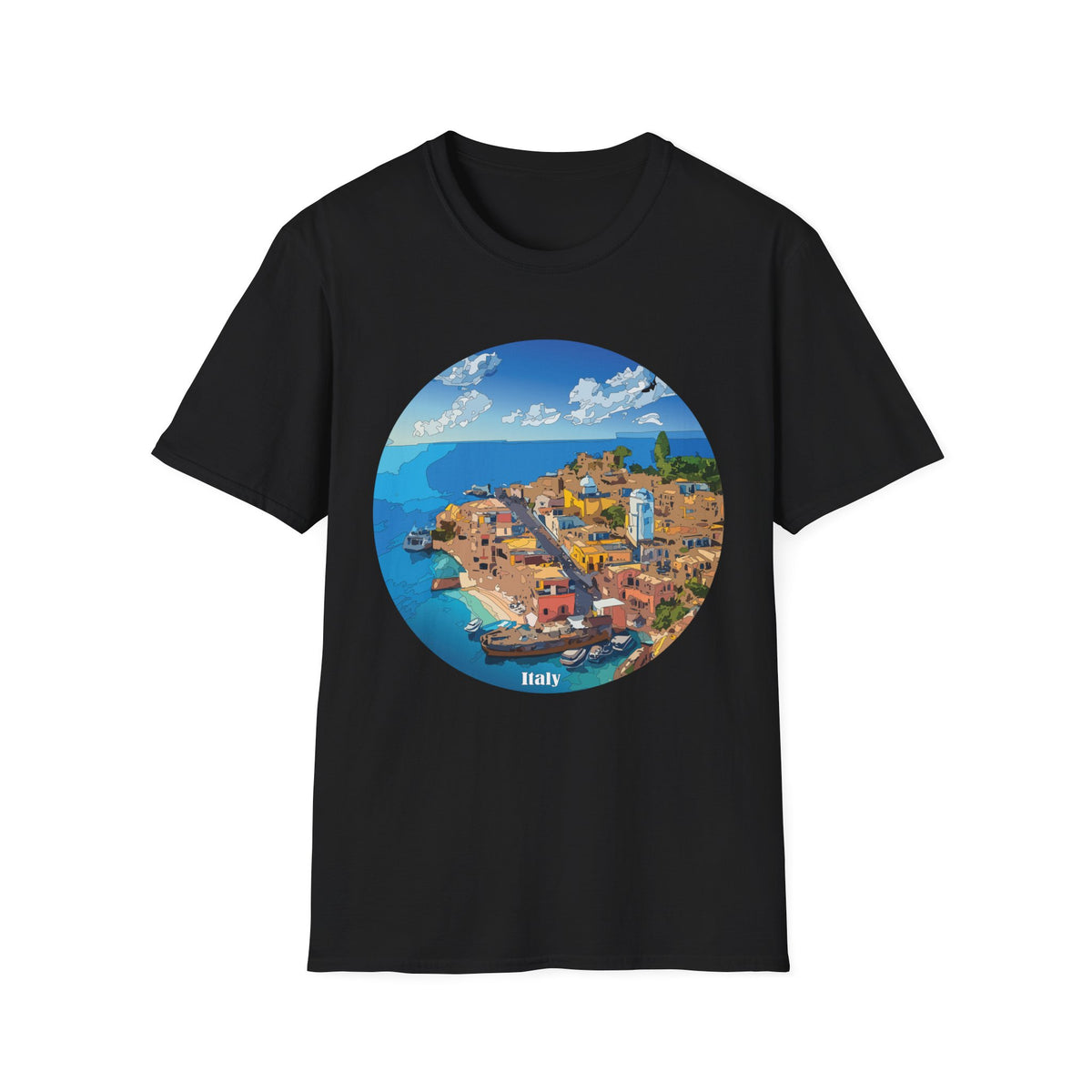 Italy Mediterranean Coastal Village Illustration T-Shirt | Seaside Landscape Tee