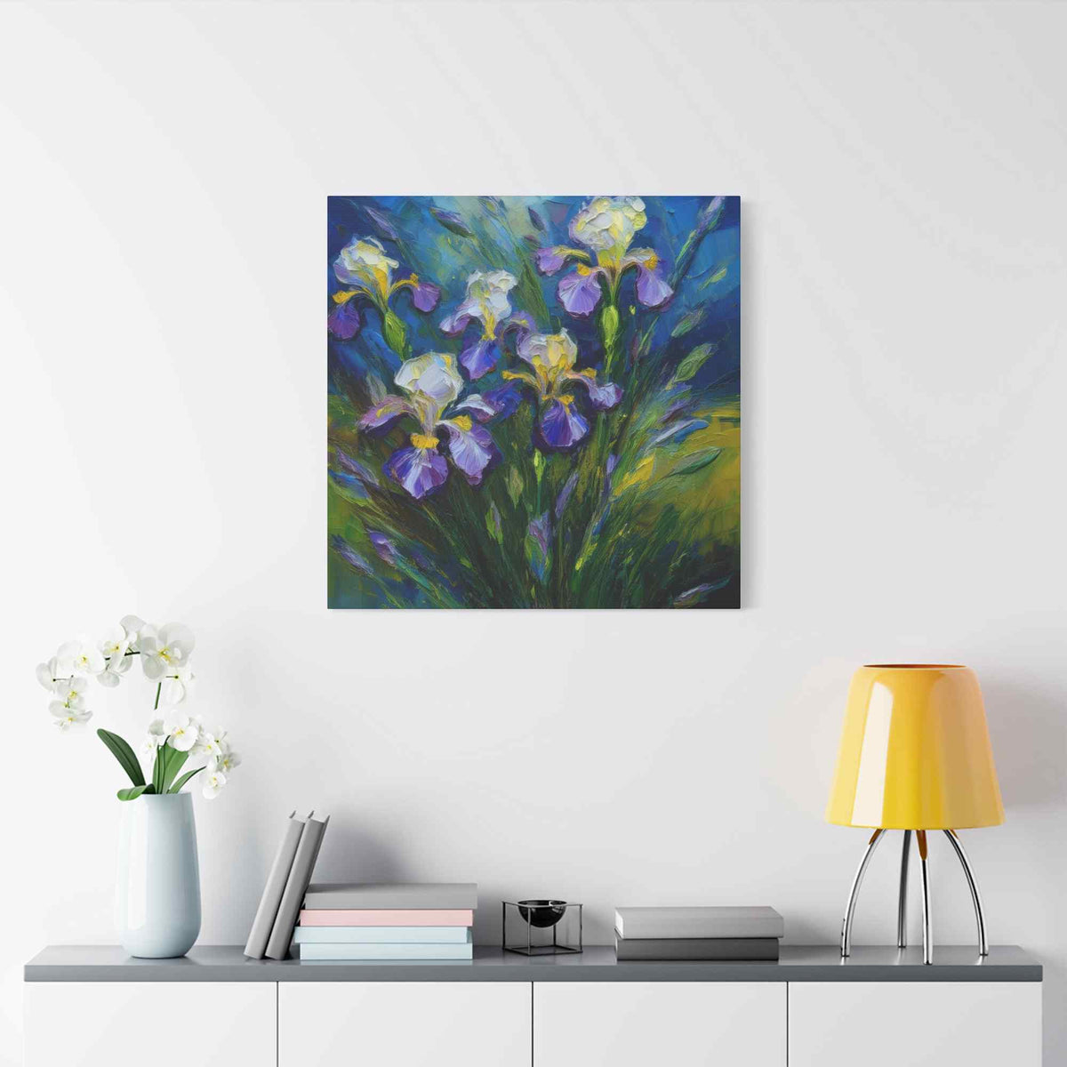 Irises Floral Print Canvas, Floral Oil Paint Print 20x20, 24x24, 30x30, 32x32, 36x36 Art Design Pine-Wood Inner Frame MC-185