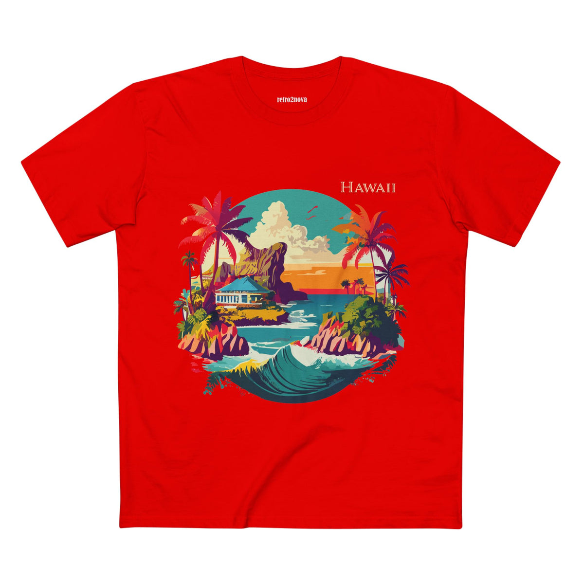 Hawaii Sunset Surf Scene T-Shirt | Tropical Beach Illustration