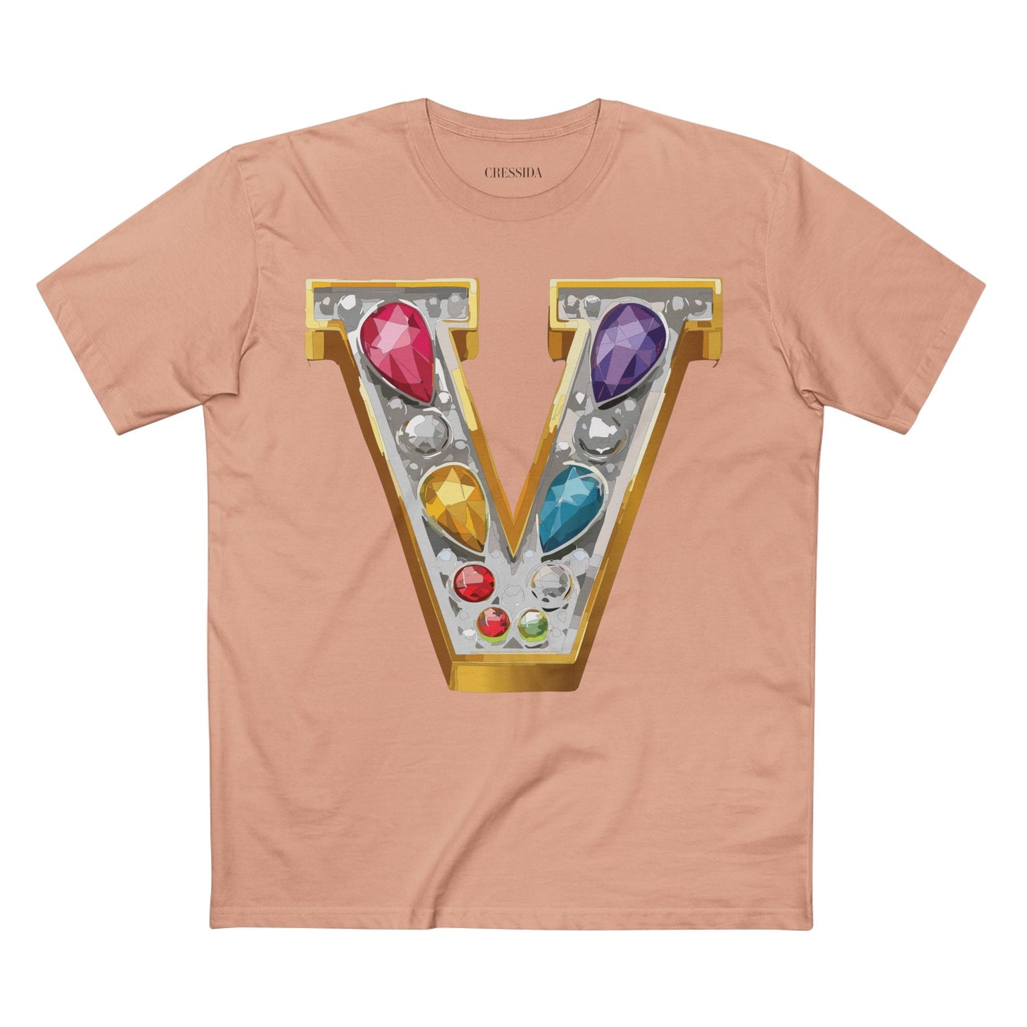 Letter V Graphic Design Tee Unisex 100 Cotton With Antique Gold Letters Artwork T-Shirt