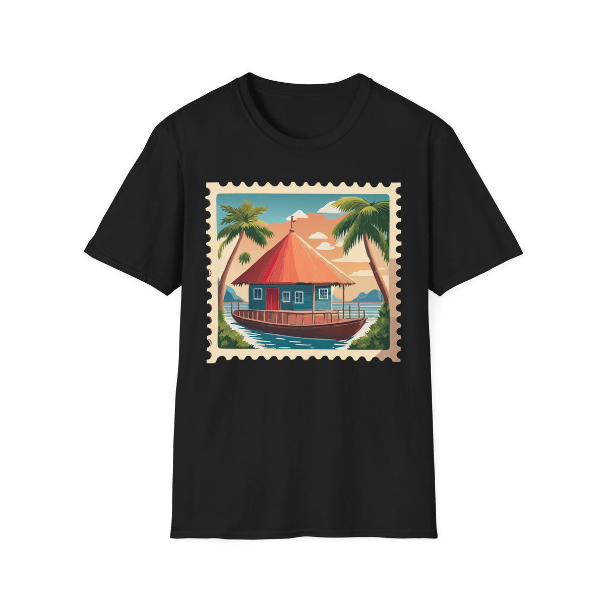 Tropical Beach Cottage T-Shirt | Palm Trees, Sunset Hut Graphic Tee Unisex 100 Cotton Gildan T-Shirt