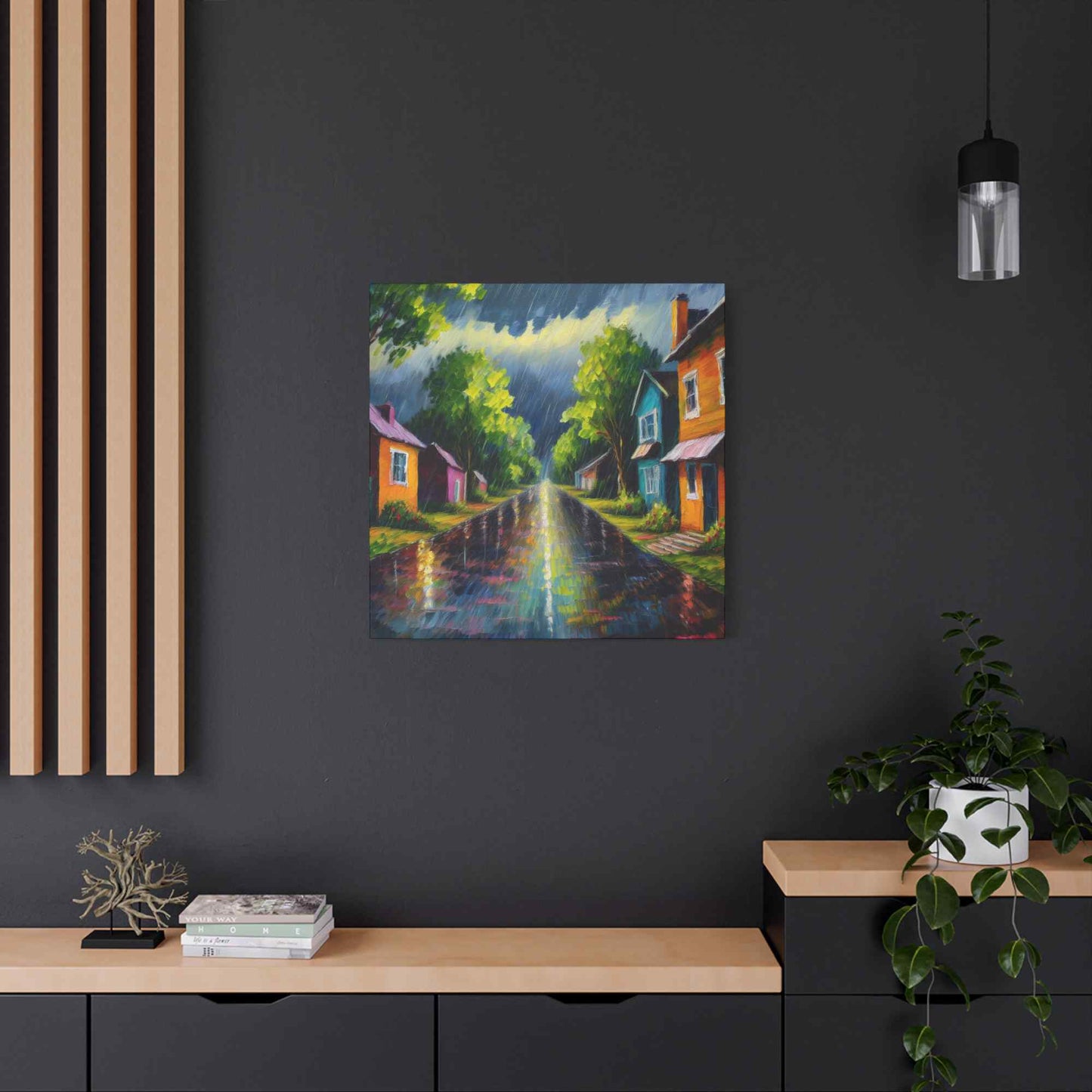 Rainy Village Street Canvas, Matte Oil Paint Print 20x20, 24x24, 30x30, 32x32, 36x36, Art Design Print Non-Frame MC-2