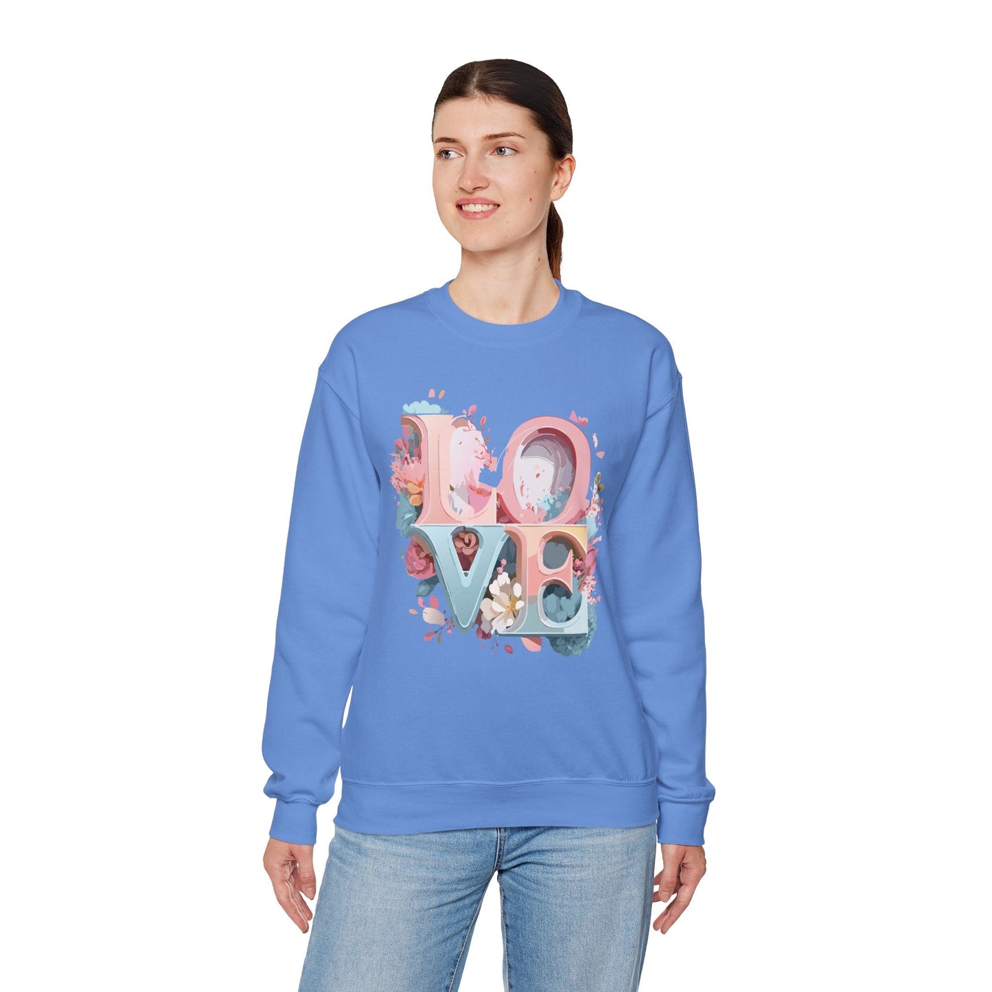 Floral Love Sweatshirt Unisex Crewneck Valentine Day Gift Gildan 18000 Fifty Fifty Cotton Blend