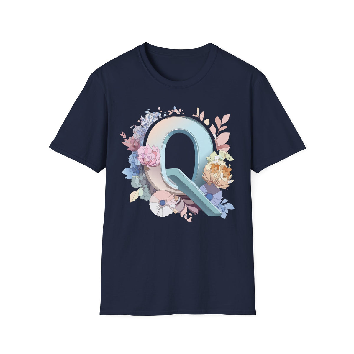 Floral Letter Q T-Shirt | Monogram Initial Tee, Pastel Botanical Alphabet