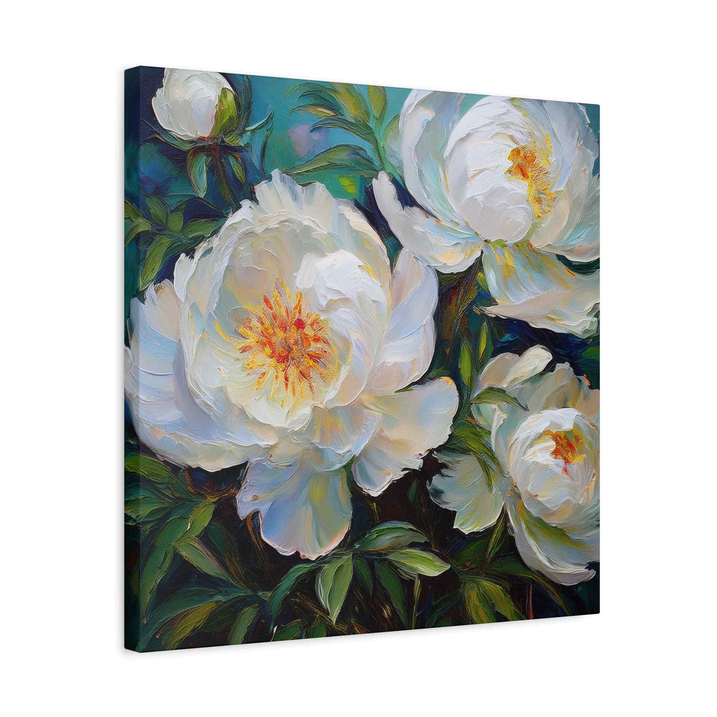 White Peonies Print Canvas, Floral Oil Paint Print 20x20, 24x24, 30x30, 32x32, 36x36 Art Design Pine-Wood Inner Frame MC-119