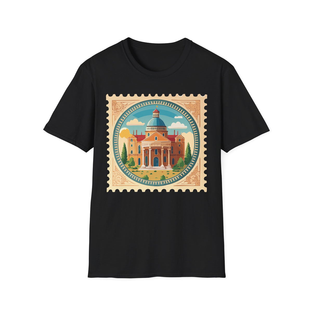 Vintage Postage Stamp Cityscape T-Shirt | Retro Basilica Graphic Tee Unisex 100 Cotton Gildan T-Shirt