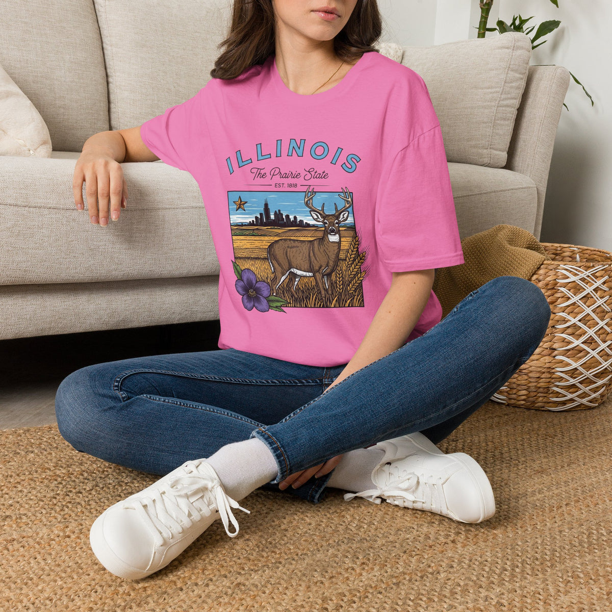 Illinois Deer State T-Shirt — The Prairie State Travel Tourist Graphic Design Unisex 100 Cotton Gildan T-Shirt