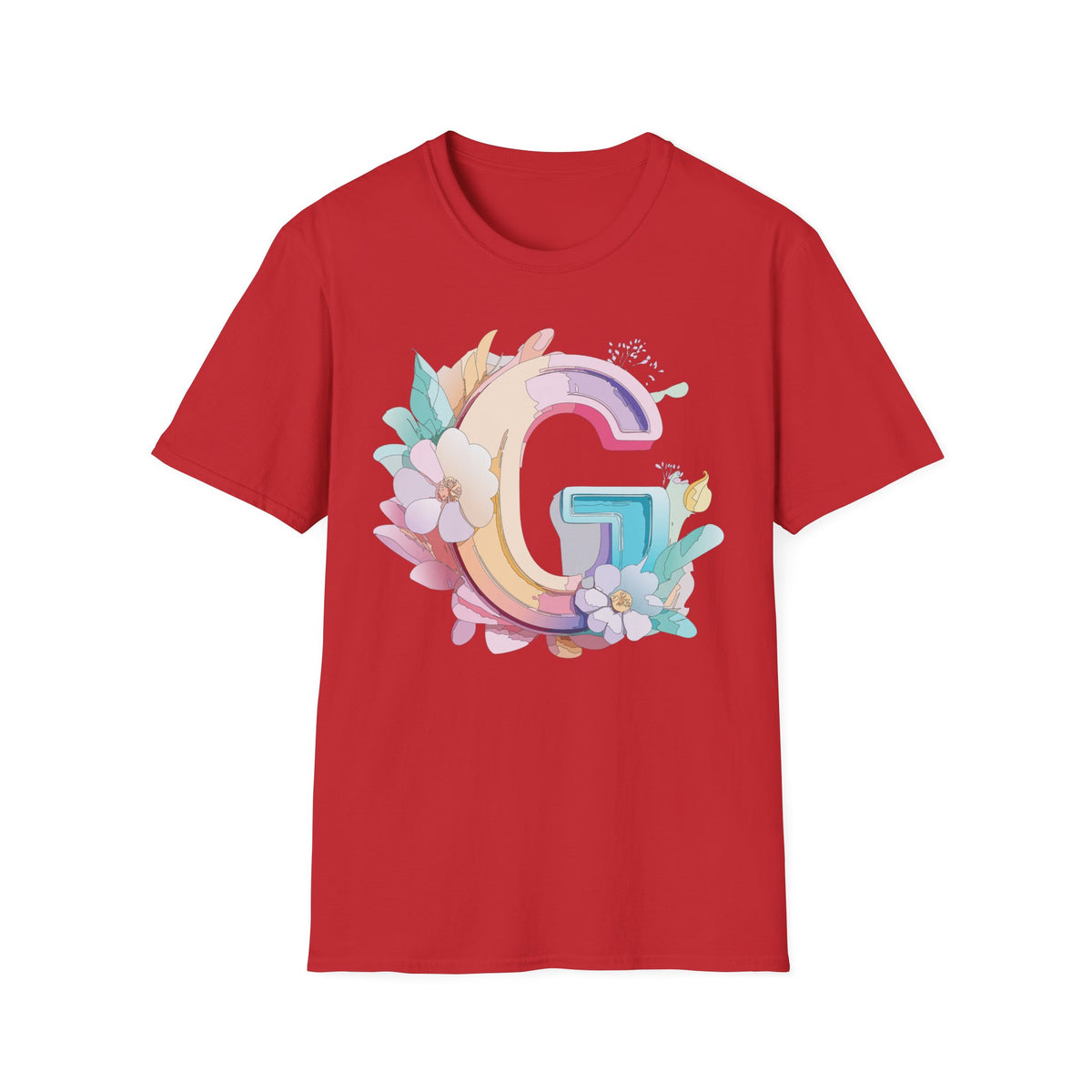 Floral Letter G T-Shirt | Monogram Initial Tee, Pastel Rainbow Blooms